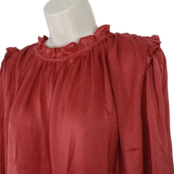 Rust Color Long Sleeve Ruffle Neck Blouse Women Size M Casual Work Business - Picture 2 of 10